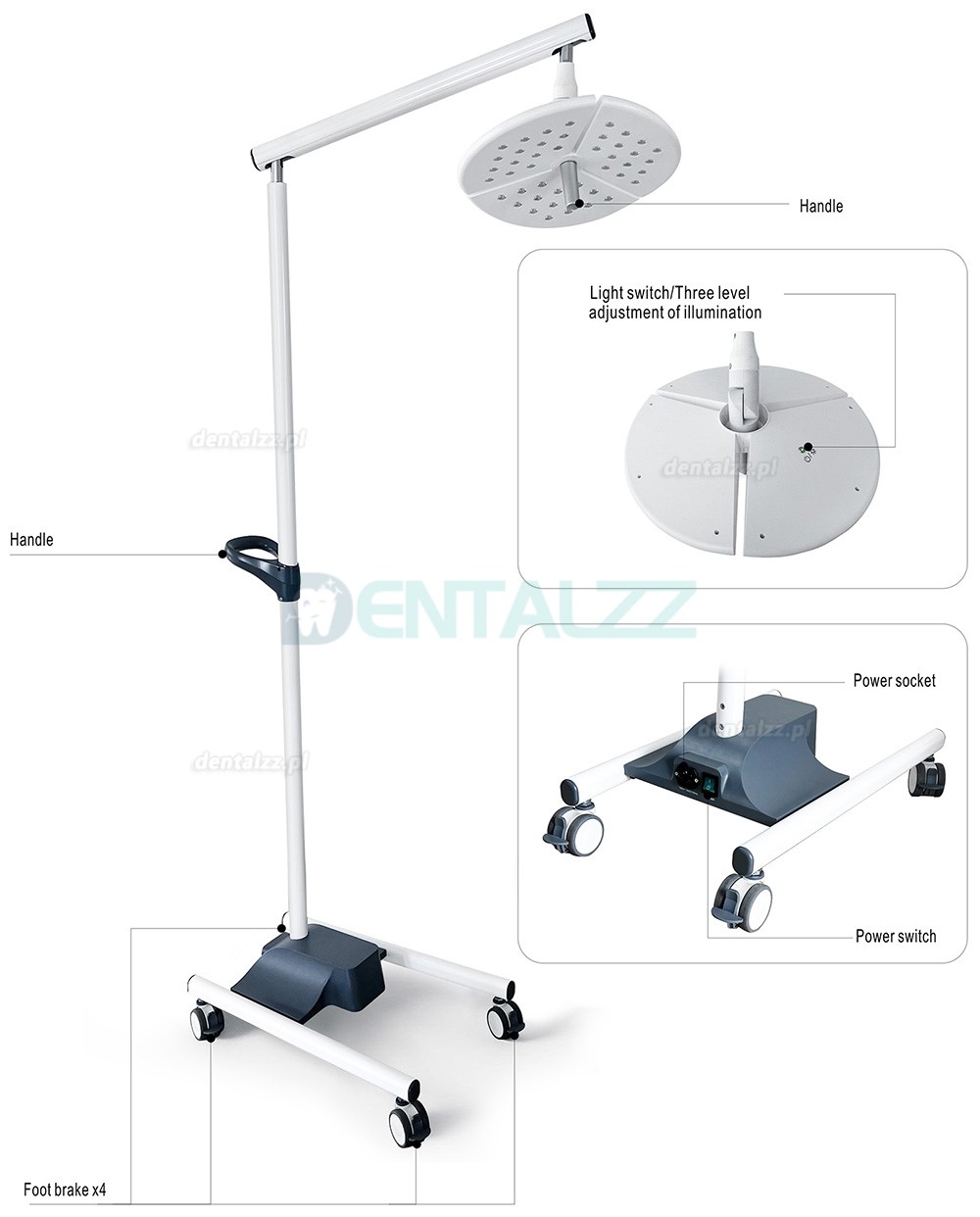 KWS KD-2036L-4 Lampa Operacyjna Stomatologiczna LED 80W Mobilna na Stojaku z 4 K&oacute;łkami